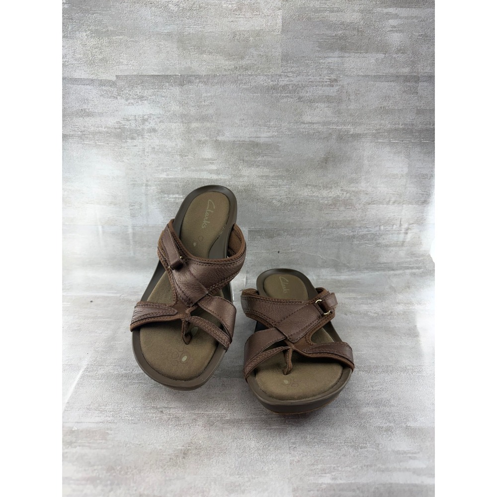 Clarks Bendables Brown Leather Strappy Thong Slide Sandals 86742 Women Sz 7M